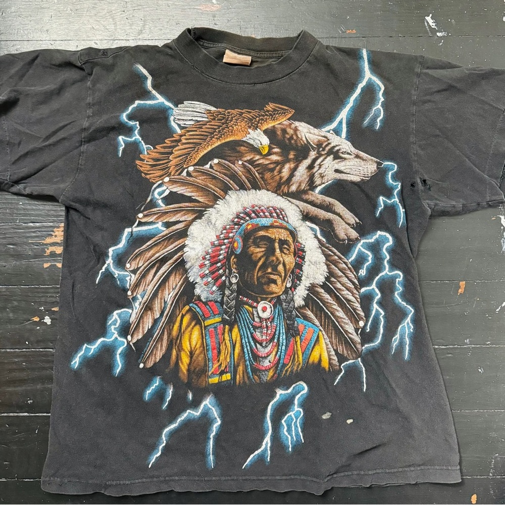 Vintage American Thunder Indian Tee Black Size L Single Stitch T-Shirt